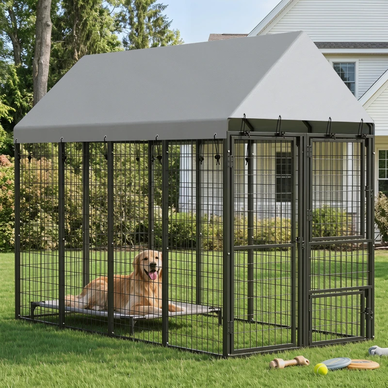 PawHut Large Dog Kennel Outdoor with Roof, 3 Doors, Expandable Heavy Duty Dog Kennel Dog Run for All Breed Sizes, 8' x 4' x 6'