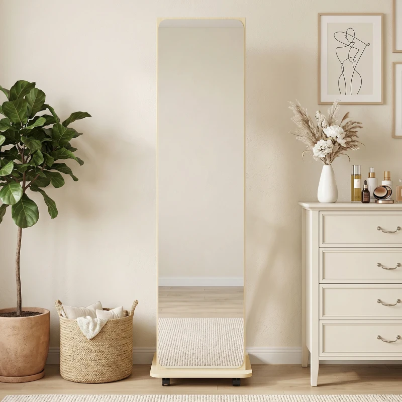 HOMCOM 15" x 62" Full Length Mirror, Tempered Glass Floor Mirror on Wheels with Storage Shelves, Coat Hangers, Natural Wood