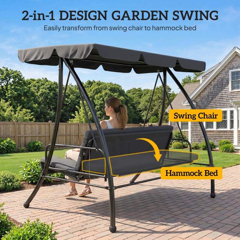 Outsunny Patio Swing Chair, 3 Person 2-in-1 Convertible Hammock, Outdoor Swing Lounge Bed, Cushioned with Tilt Canopy, Dark Grey