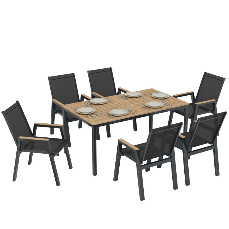 Outsunny 7 Piece Outdoor Dining Set, Rectangle Patio Table and 6 Mesh Chairs with Slatted Tabletop for Backyard, Deck, Garden