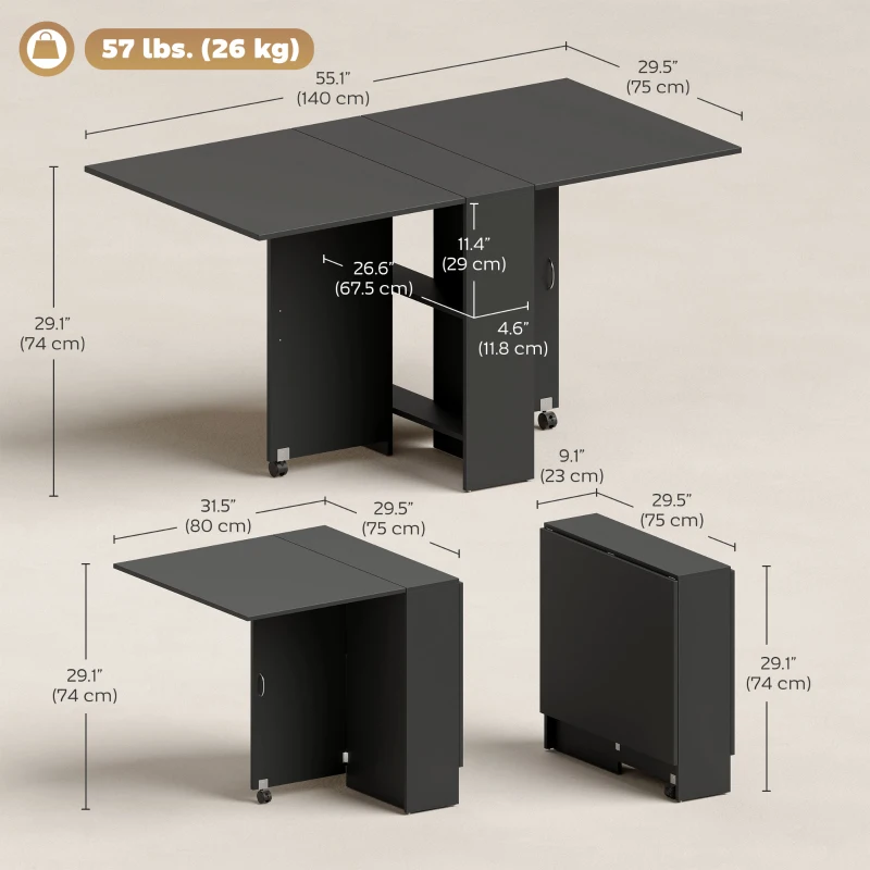 HOMCOM Extendable Dining Table, Collapsible Folding Table w/ 2-tier Shelves and Rolling Casters, Black