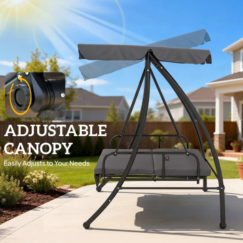 Outsunny Patio Swing Chair, 3 Person 2-in-1 Convertible Hammock, Outdoor Swing Lounge Bed, Cushioned with Tilt Canopy, Dark Grey