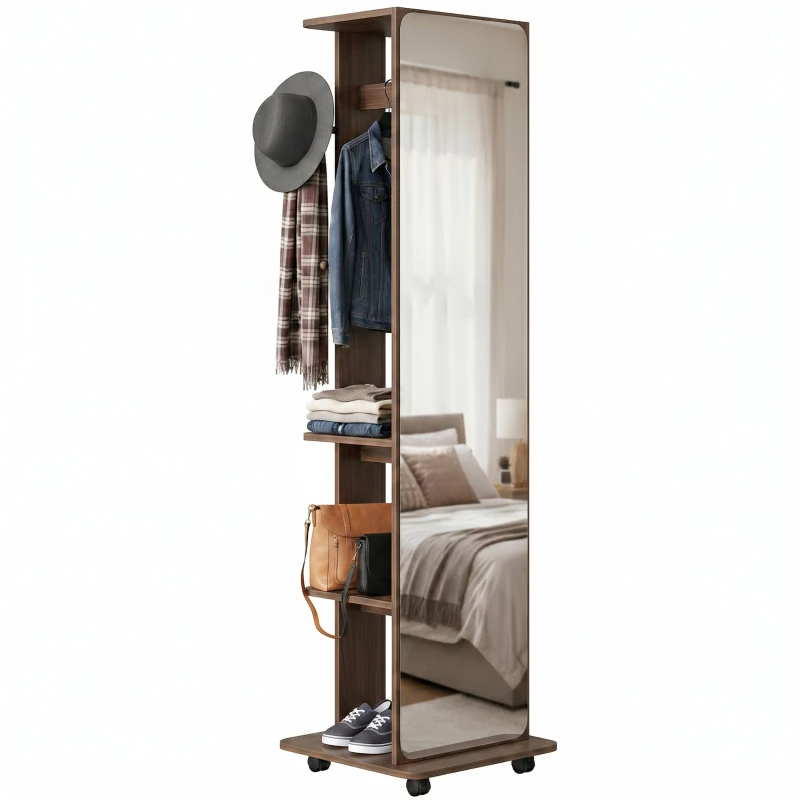 HOMCOM 15" x 62" Full Length Mirror, Tempered Glass Floor Mirror on Wheels with Storage Shelves, Coat Hangers, Brown Wood Grain