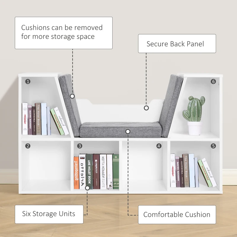 HOMCOM 6-Cubby Bookcase with Seat Cushion, Cube Storage Shelf with Reading Nook for Home Office, Study, Grey