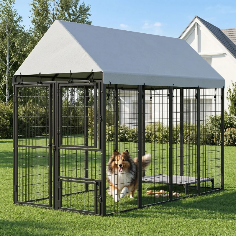 PawHut Large Dog Kennel Outdoor with Roof, 3 Doors, Expandable Heavy Duty Dog Kennel Dog Run for All Breed Sizes, 8' x 4' x 6'