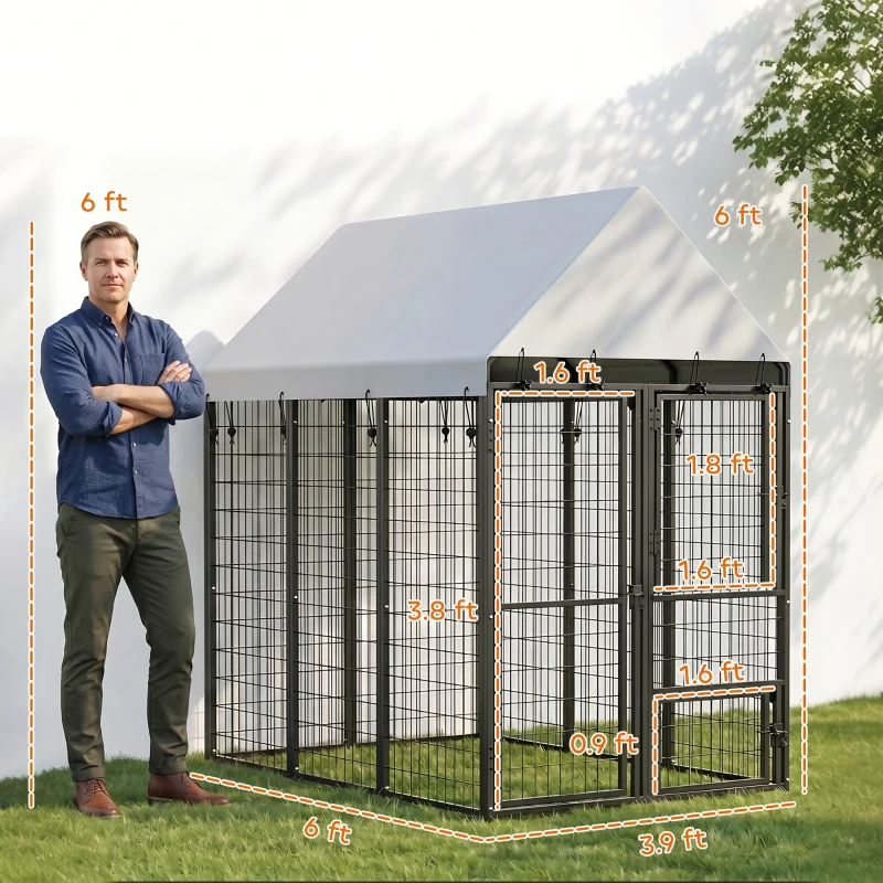 PawHut Large Dog Kennel Outdoor with Roof, 3 Doors, Expandable Heavy Duty Dog Kennel Dog Run for All Breed Sizes, 6' x 4' x 6'