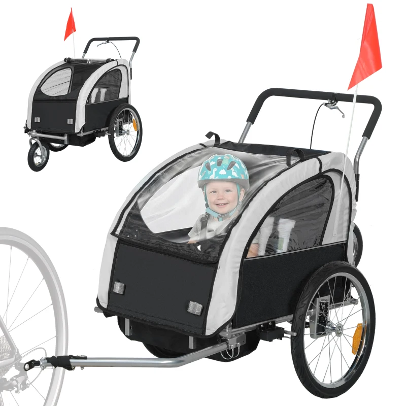 Aosom 2-Seat Elite 360 Swivel Bike Trailer for Kids Bicycle Cargo Trailer with Water-Resistant Windows, Black and White