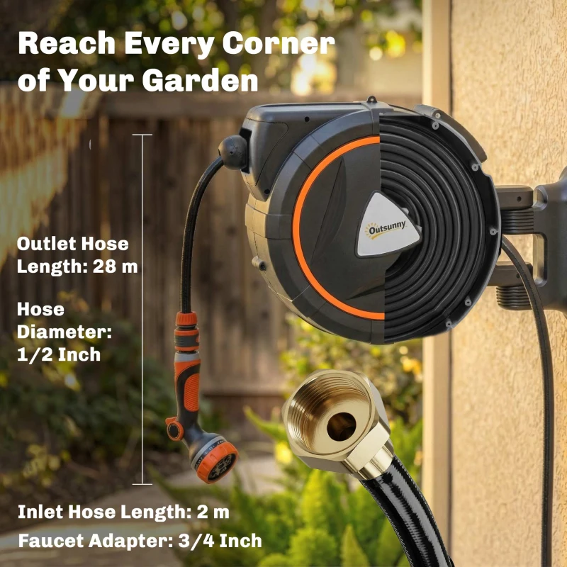 Outsunny Retractable Garden Hose Reel, 1/2" x 92ft Wall Mounted Hose Reel with 12-Pattern Nozzles, Auto Retraction, Self-Locking