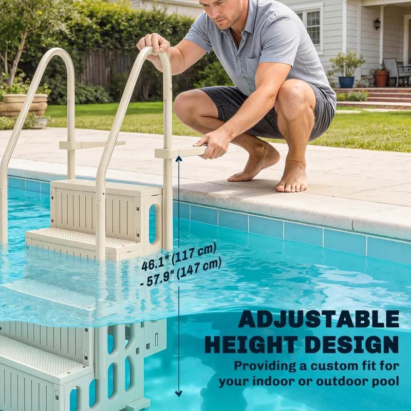 Outsunny Swimming Pool Ladder Adjustable for Above Ground Pools w/ Non-Slip Steps & Dual Handrails 4-Step Cream White