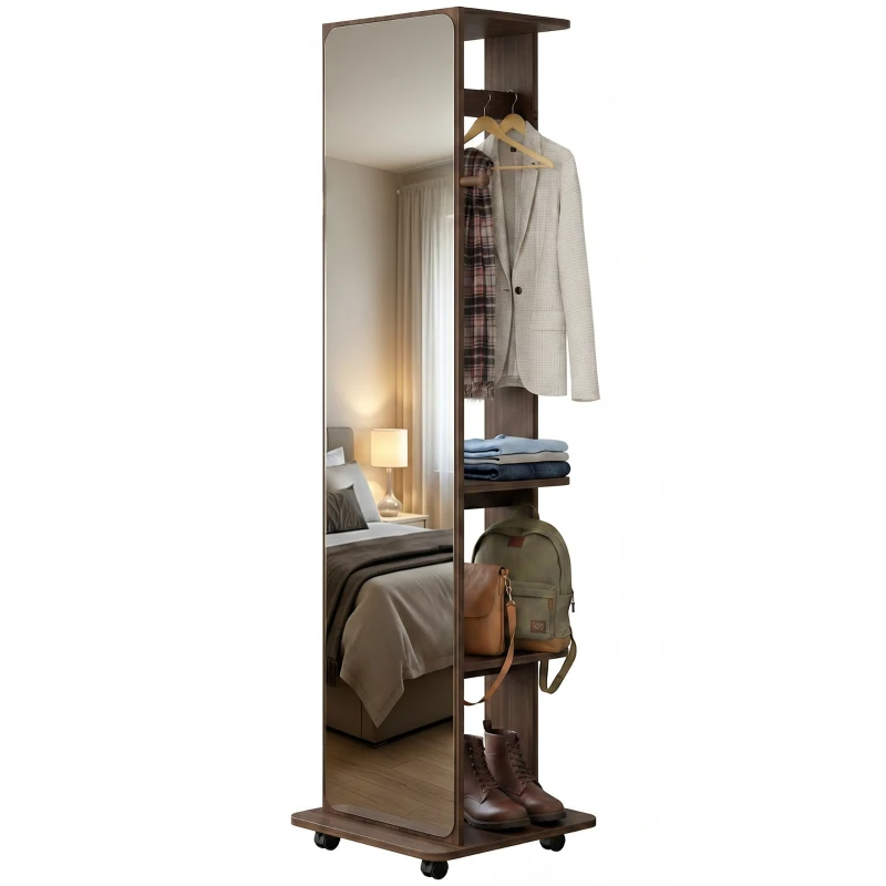 HOMCOM 15" x 62" Full Length Mirror, Tempered Glass Floor Mirror on Wheels with Storage Shelves, Coat Hangers, Brown Wood Grain