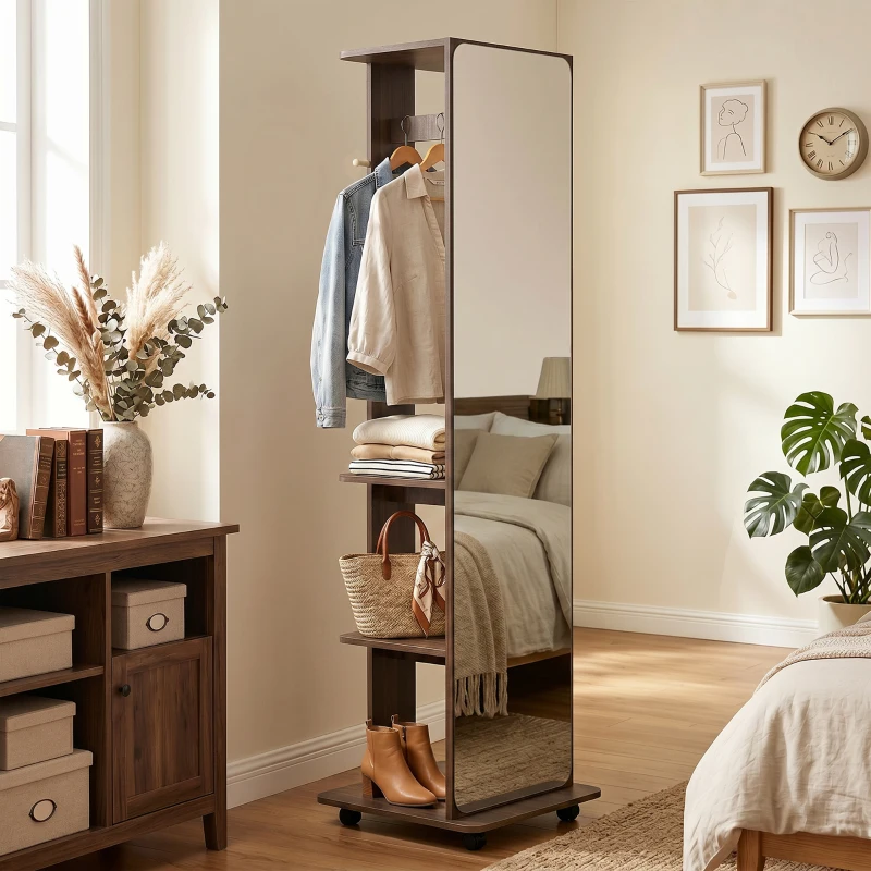 HOMCOM 15" x 62" Full Length Mirror, Tempered Glass Floor Mirror on Wheels with Storage Shelves, Coat Hangers, Brown Wood Grain