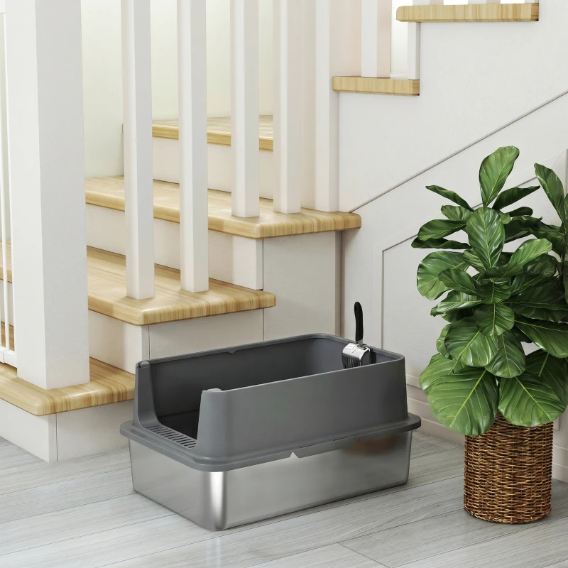 PawHut XL Stainless Steel Cat Litter Box for Big and Multiple Cats with High Wall Side, Scoop, Easy Cleaning & Odor Free