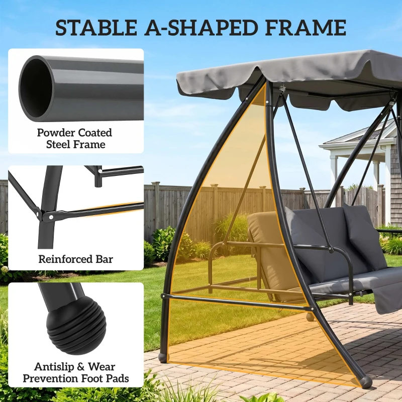 Outsunny Patio Swing Chair, 3 Person 2-in-1 Convertible Hammock, Outdoor Swing Lounge Bed, Cushioned with Tilt Canopy, Dark Grey