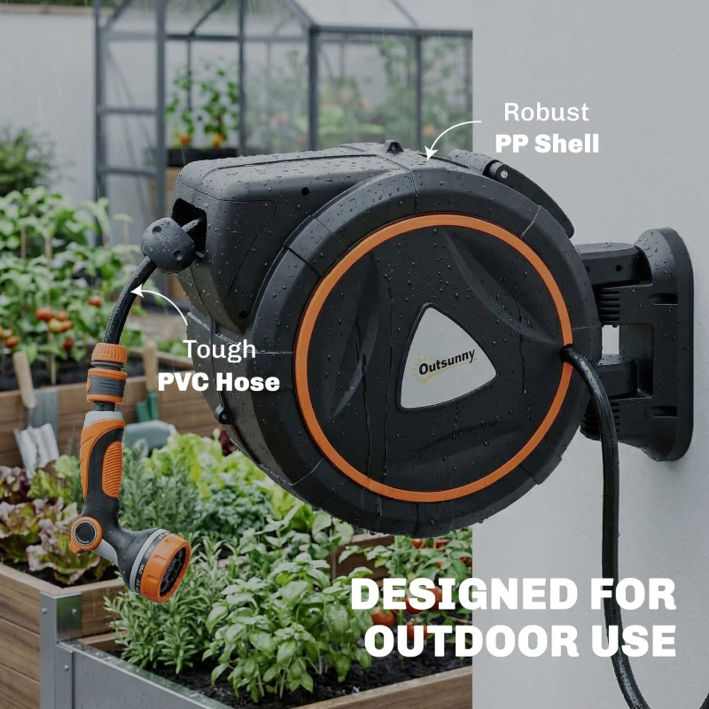 Outsunny Retractable Garden Hose Reel, 1/2" x 92ft Wall Mounted Hose Reel with 12-Pattern Nozzles, Auto Retraction, Self-Locking