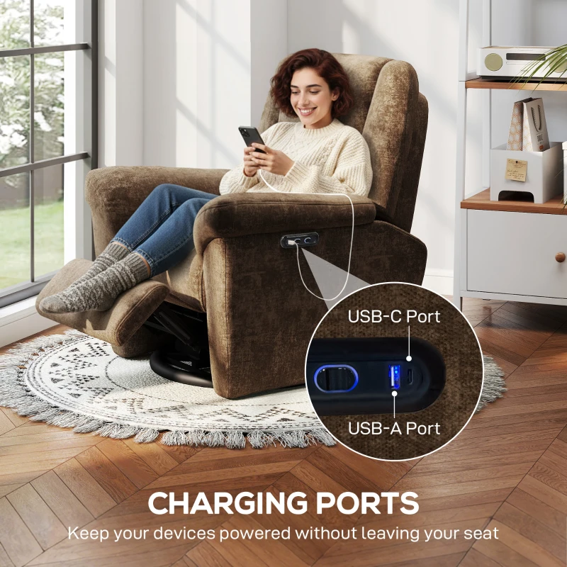 HOMCOM Power Recliner Chair, Fabric Upholstered Recliner Chair with USB Ports, Swivel and Rocking Function, Footrest
