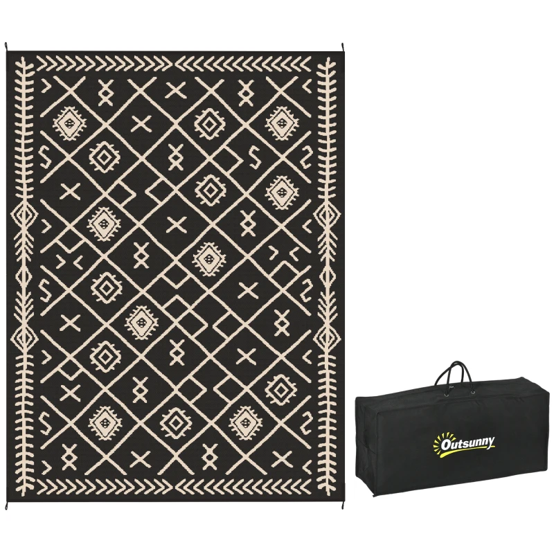 Outsunny Reversible Outdoor Rug, Waterproof Plastic Straw with Carry Bag, 9' x 12', Black & Beige Rhombus
