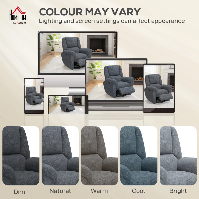 HOMCOM Power Recliner Chair, Fabric Upholstered Recliner Chair with USB Ports, Swivel and Rocking Function, Footrest, Dark Grey