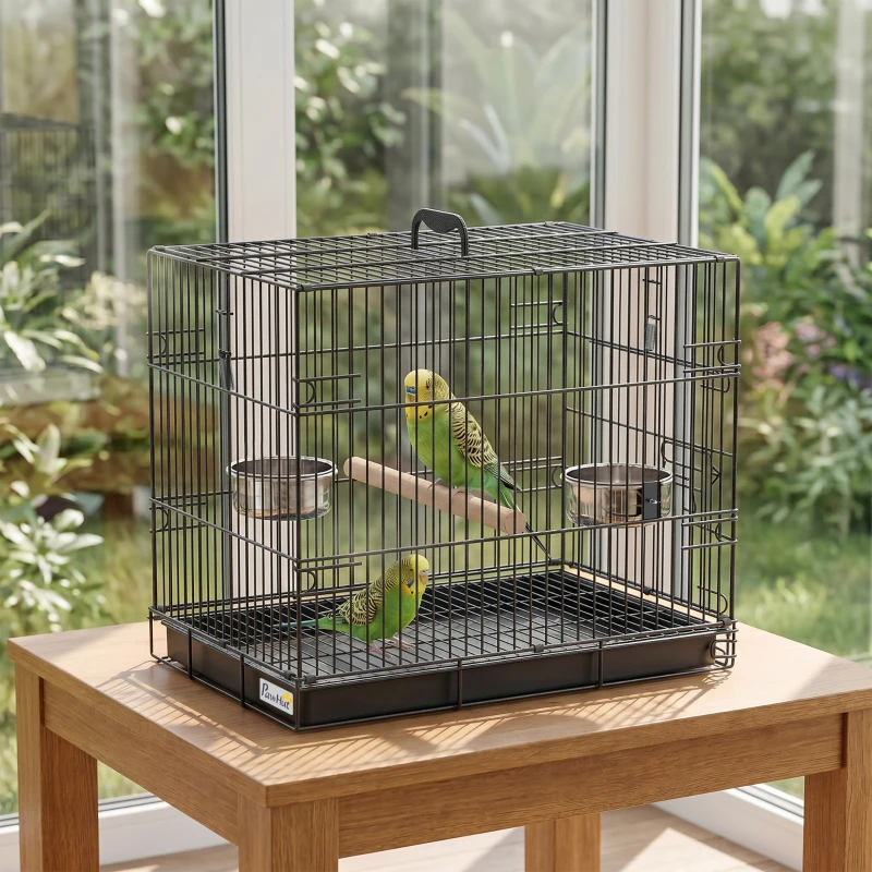PawHut Bird Cage Portable w/ Slide-Out Tray Travel Cage for Parakeets w/ Perch & Food Bowls Black