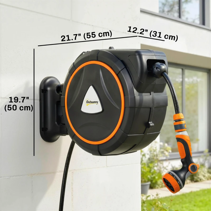 Outsunny Retractable Garden Hose Reel, 1/2" x 92ft Wall Mounted Hose Reel with 12-Pattern Nozzles, Auto Retraction, Self-Locking