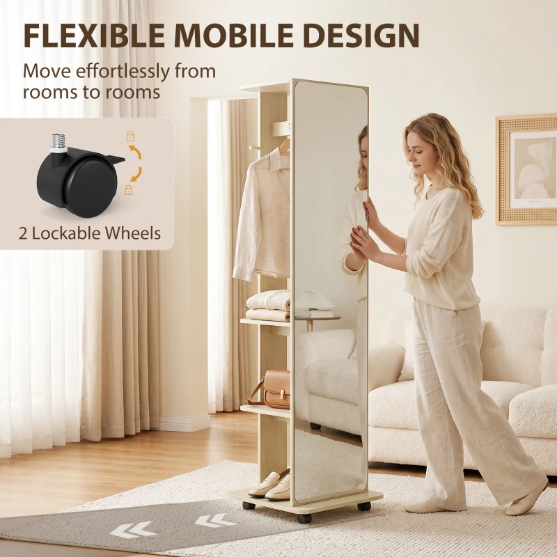 HOMCOM 15" x 62" Full Length Mirror, Tempered Glass Floor Mirror on Wheels with Storage Shelves, Coat Hangers, Natural Wood
