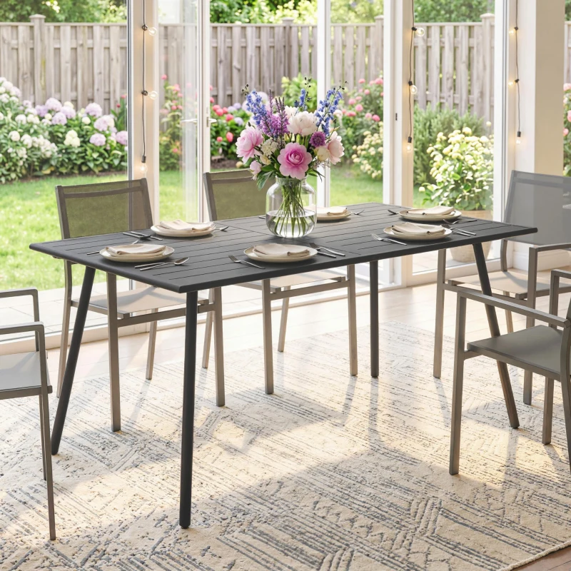 Outsunny Rectangle Patio Dining Table for 6 Person, Metal Steel Slat Outdoor Table, for Lawn, Garden, 59" x 31.5" x 29", Grey