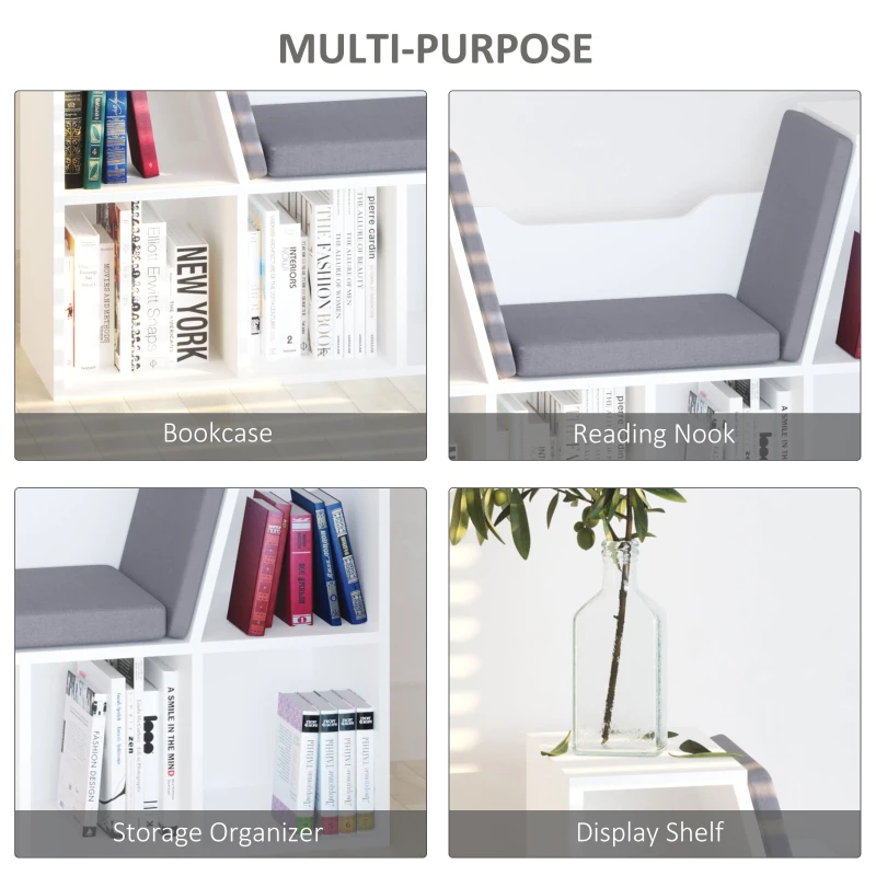 HOMCOM 6-Cubby Bookcase with Seat Cushion, Cube Storage Shelf with Reading Nook for Home Office, Study, Grey