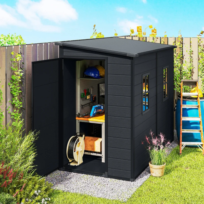 Outsunny 4.3' x 8' Outdoor Storage Shed with Floor, Garden Shed with Lockable Doors and Windows, Dark Grey