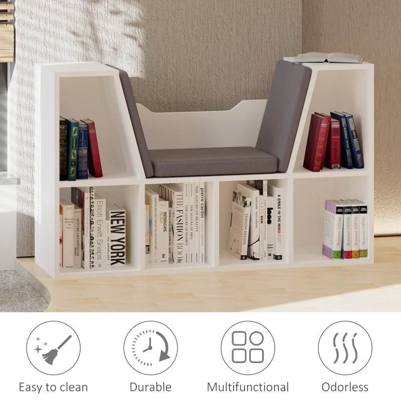 HOMCOM 6-Cubby Bookcase with Seat Cushion, Cube Storage Shelf with Reading Nook for Home Office, Study, Grey