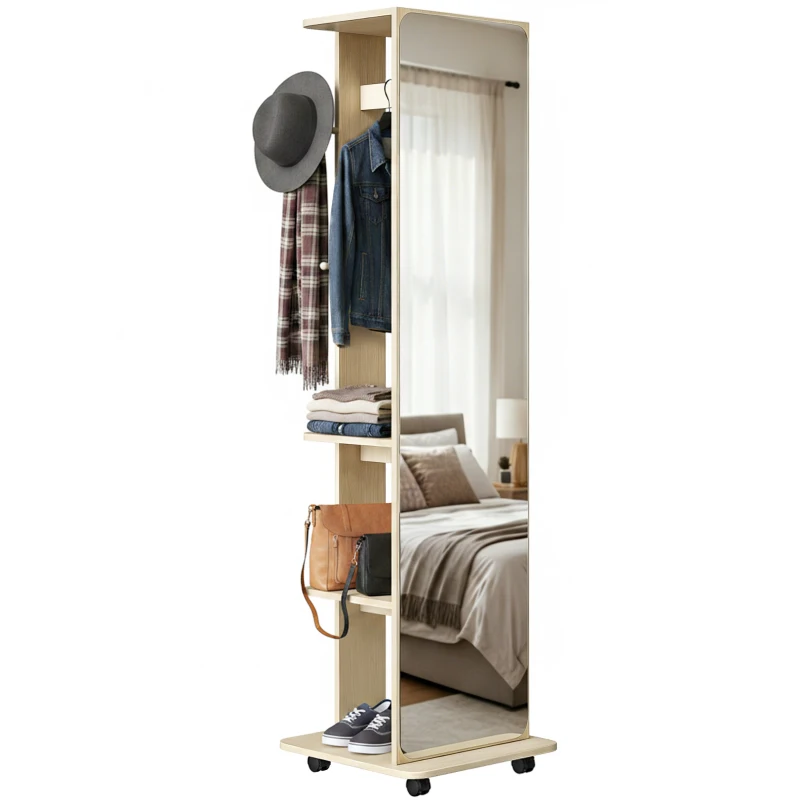 HOMCOM 15" x 62" Full Length Mirror, Tempered Glass Floor Mirror on Wheels with Storage Shelves, Coat Hangers, Natural Wood