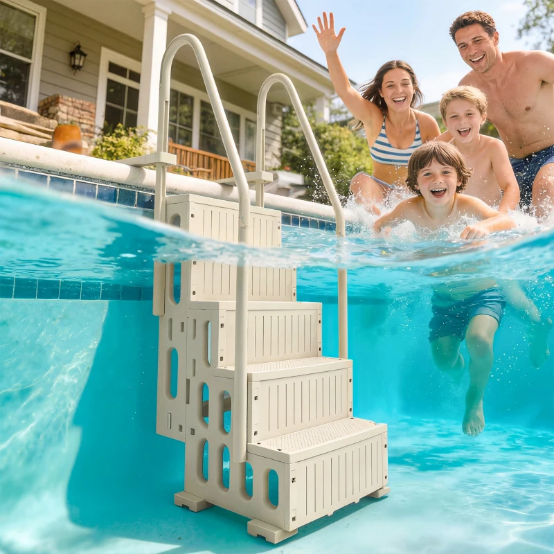 Outsunny Swimming Pool Ladder Adjustable for Above Ground Pools w/ Non-Slip Steps & Dual Handrails 4-Step Cream White