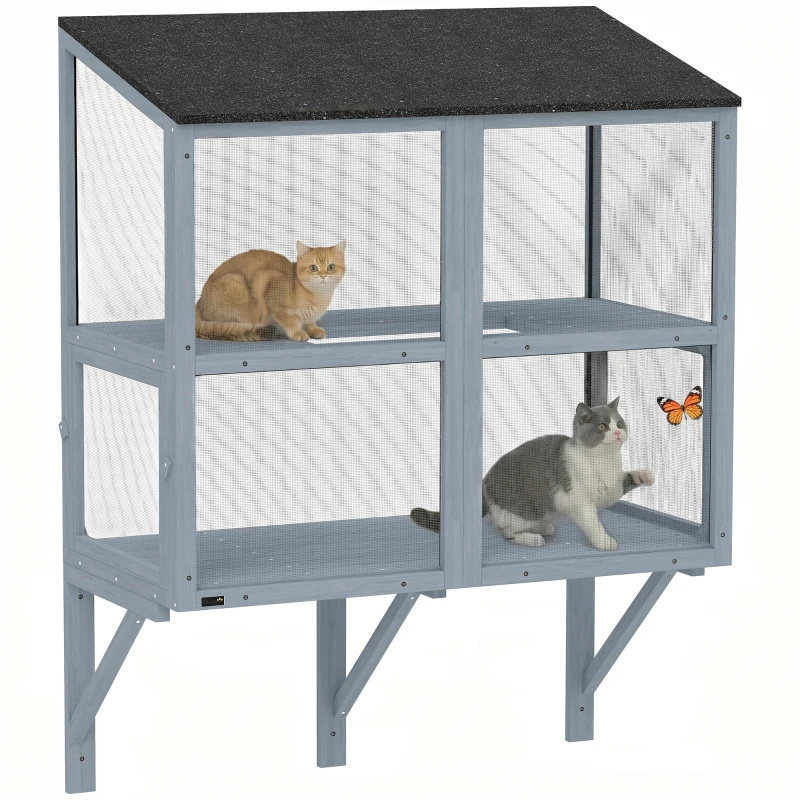 PawHut Catio Outdoor Cat Enclosure Wall-Mounted 2-Level Outdoor Cat House with Waterproof Roof 39.4" Grey