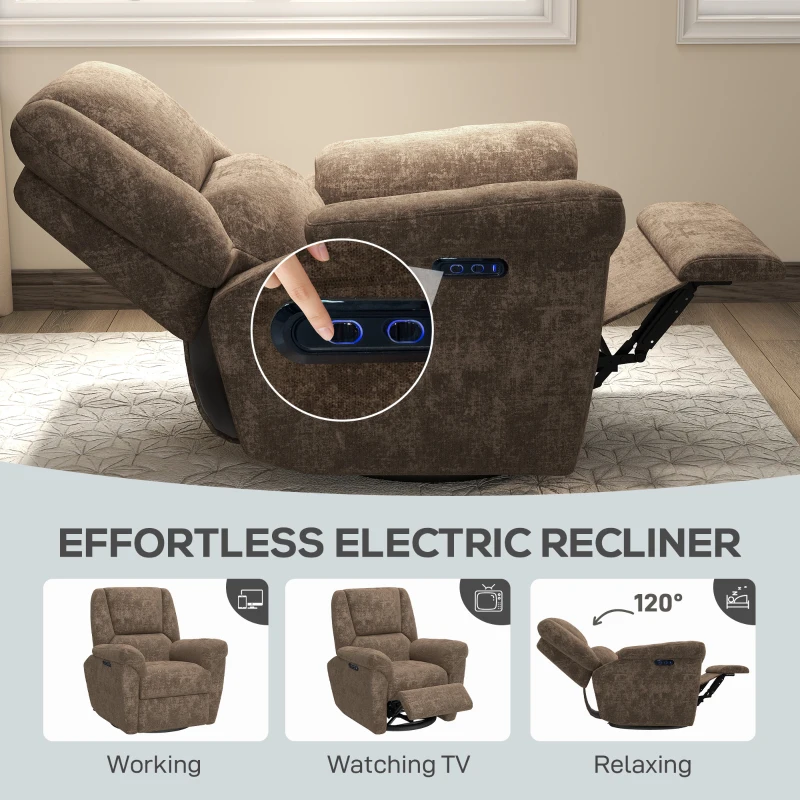 HOMCOM Power Recliner Chair, Fabric Upholstered Recliner Chair with USB Ports, Swivel and Rocking Function, Footrest