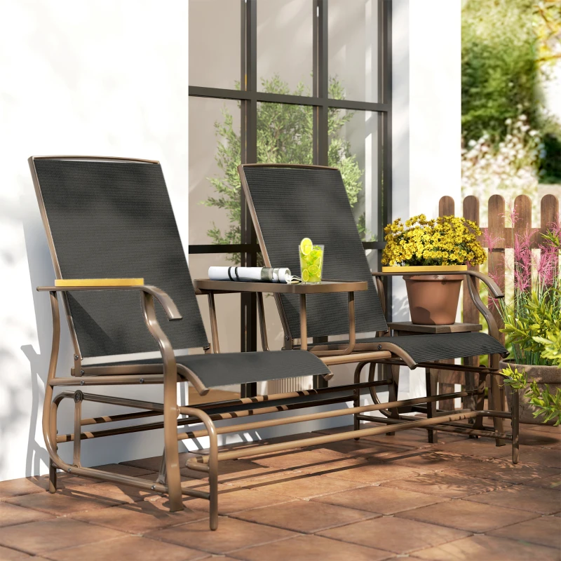 Outsunny Outdoor 2-Person Glider Bench, Outside Swing Glider Chair Loveseat with Breathable Mesh, Table, Steel Frame