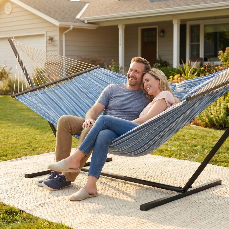 Outsunny Hammock with Stand Heavy Duty Camping Hammock with Steel Frame for Patio Backyard Blue and White