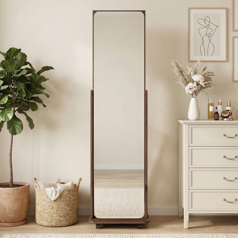 HOMCOM 15" x 62" Full Length Mirror, Tempered Glass Floor Mirror on Wheels with Storage Shelves, Coat Hangers, Brown Wood Grain