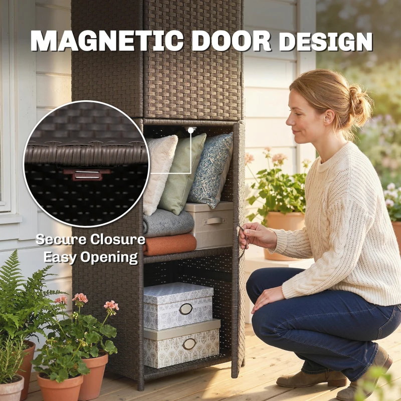 Outsunny Wicker Outdoor Storage Cabinet, 4 Shelf Patio Storage Cabinet with Adjustable Shelves and Magnetic Doors, Brown