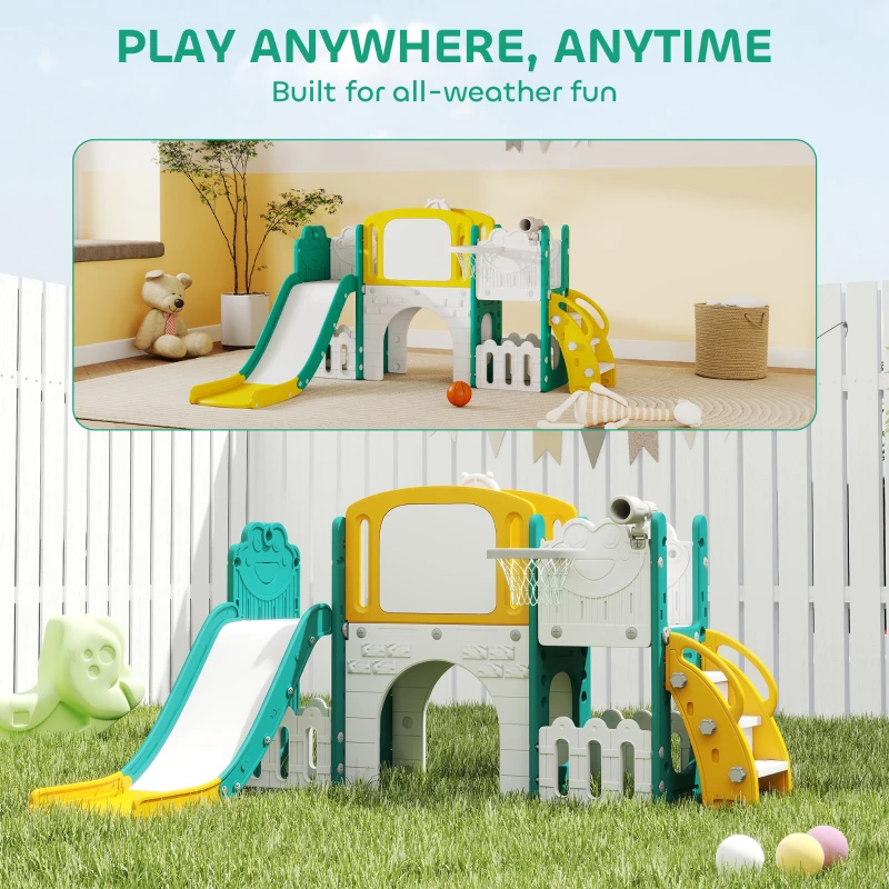 Qaba 7 in 1 Toddler Slide with Basketball Hoop, Climbing Frame, Telescope, Drawing Board, Storage Box for Ages 1-3, Yellow
