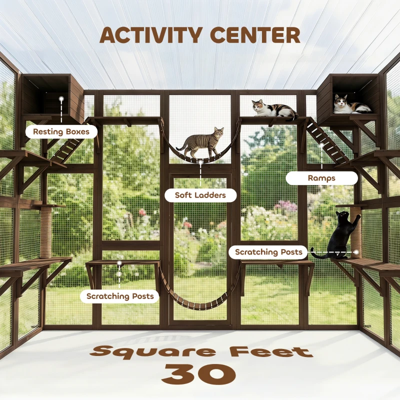 PawHut Catio Playground Cat Window Box Outside Enclosure for Multiple Cats w/ Shelves & Bridges, Coffee Brown