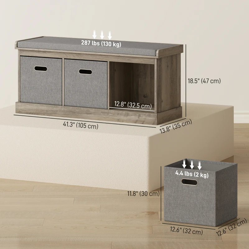 HOMCOM Shoe Storage Bench with Seat, Entryway Bench Seat with Cushion, 3 Fabric Drawers for Hallway, Washed Grey