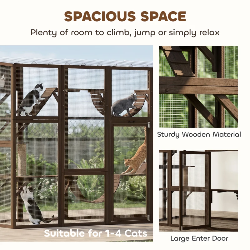 PawHut Catio Playground Cat Window Box Outside Enclosure for Multiple Cats w/ Shelves & Bridges, Coffee Brown