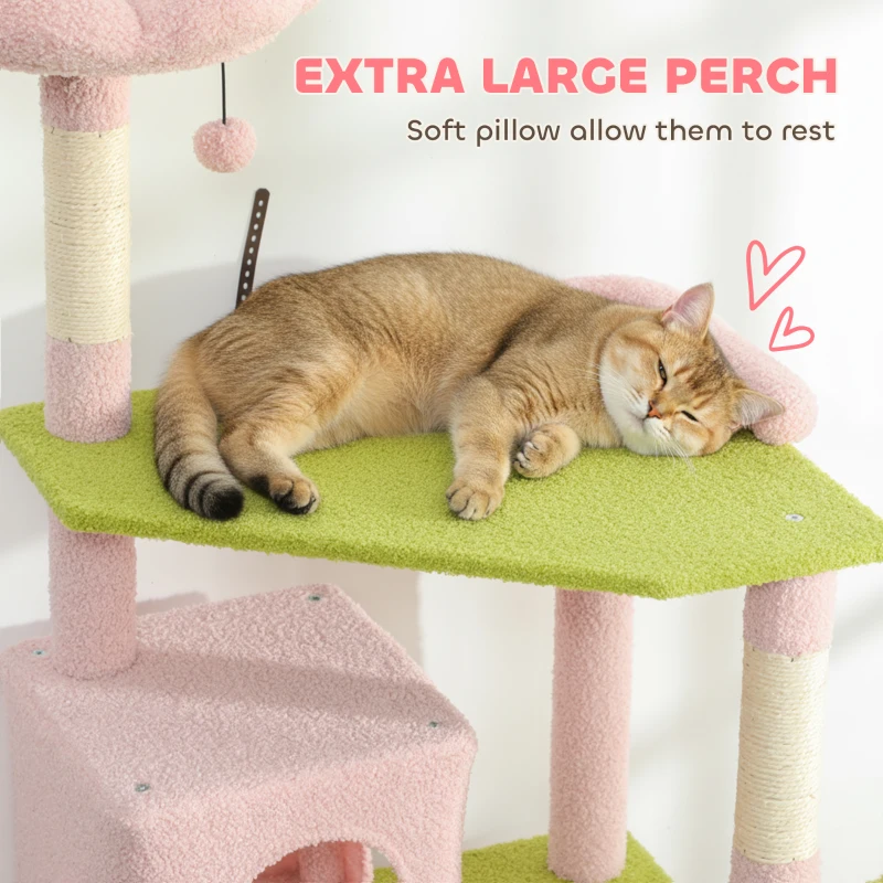 PawHut 74" Flower Cat Tree, Large Cat Tower with Scratching Post & Board for Indoor Cats, Pink