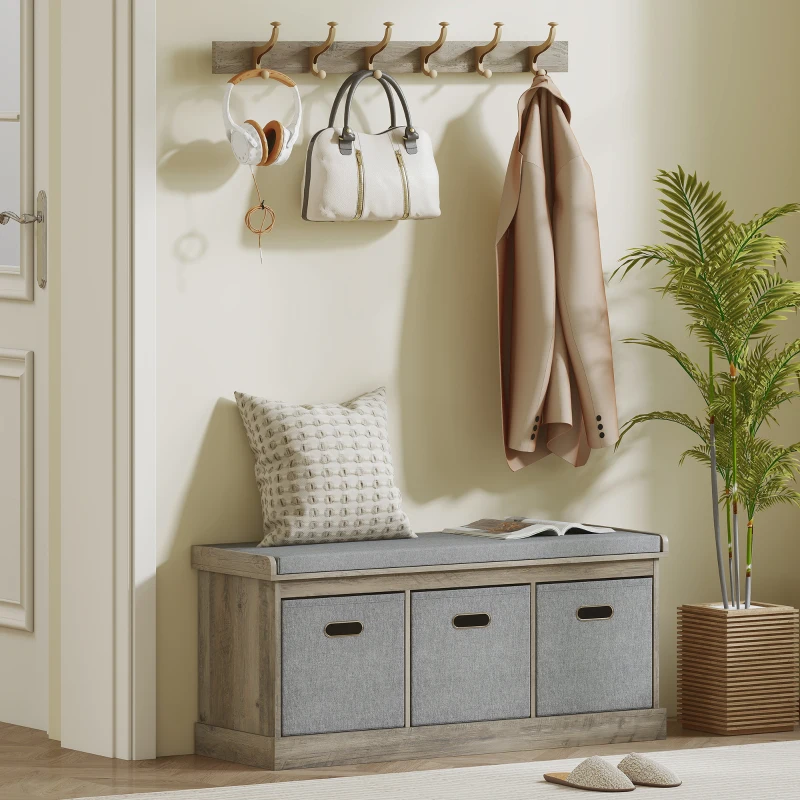 HOMCOM Shoe Storage Bench with Seat, Entryway Bench Seat with Cushion, 3 Fabric Drawers for Hallway, Washed Grey