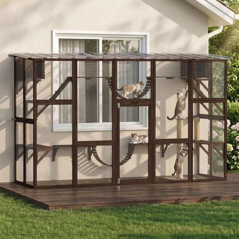 PawHut Catio Playground Cat Window Box Outside Enclosure for Multiple Cats w/ Shelves & Bridges, Coffee Brown