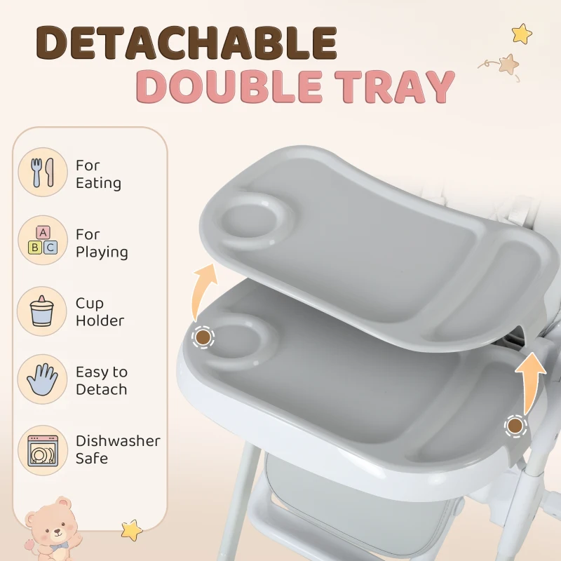 Qaba High Chair with Wheels, Double Tray, Foldable Baby Seat with Adjustable Seat Height, Backrest, Footrest and Tray, Grey