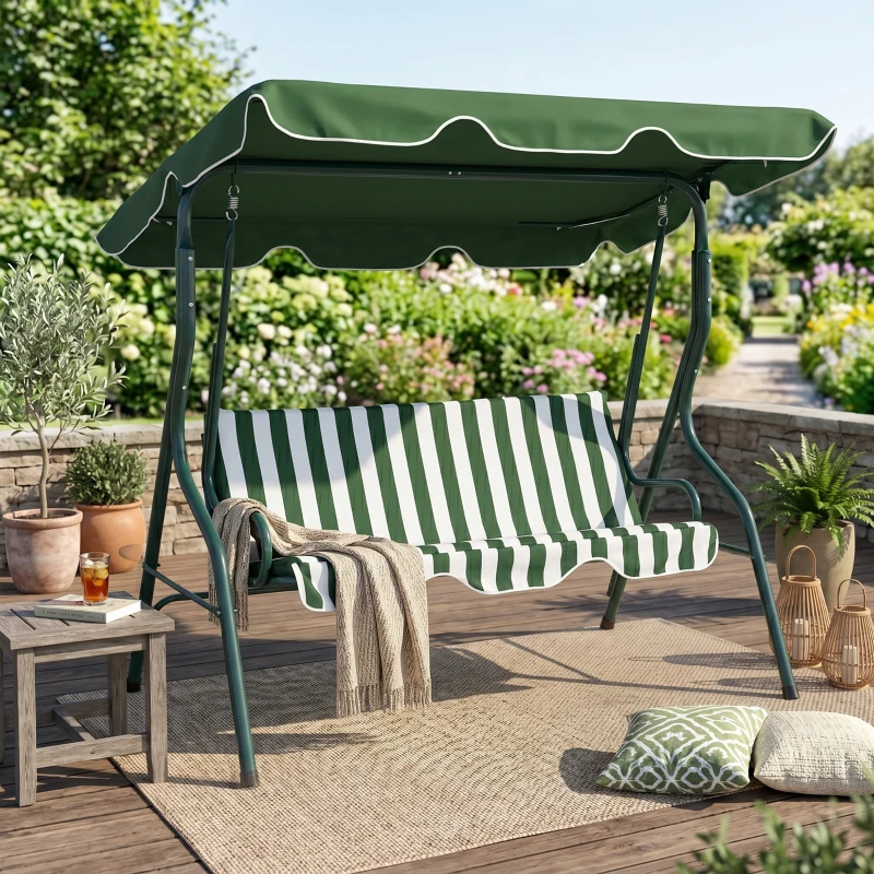 Outsunny Outdoor Porch Swing with Adjustable Canopy, 3-Seater Patio Swing Chair with Cushion, Green