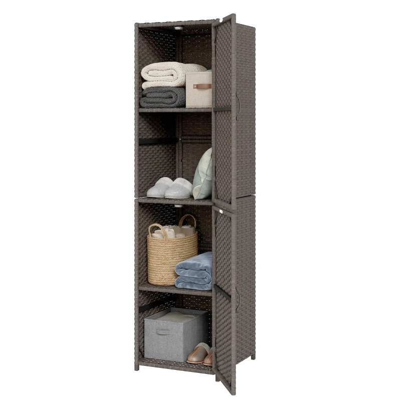 Outsunny Wicker Outdoor Storage Cabinet, 4 Shelf Patio Storage Cabinet with Adjustable Shelves and Magnetic Doors, Brown