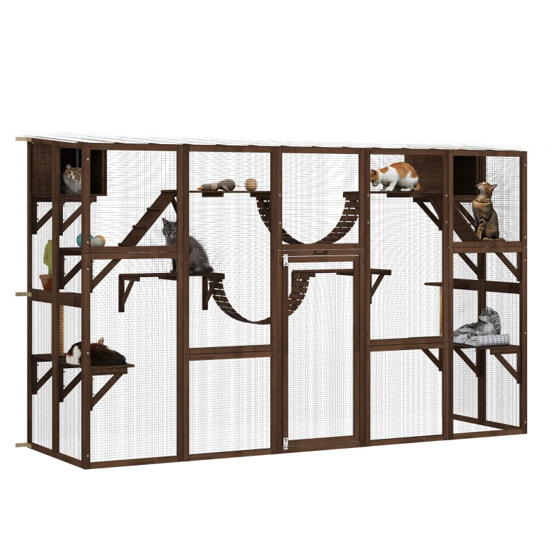 PawHut Large Outdoor Catio with Condos, Platforms, Doors, Ladders, Weather-Resistant Roof, Espresso