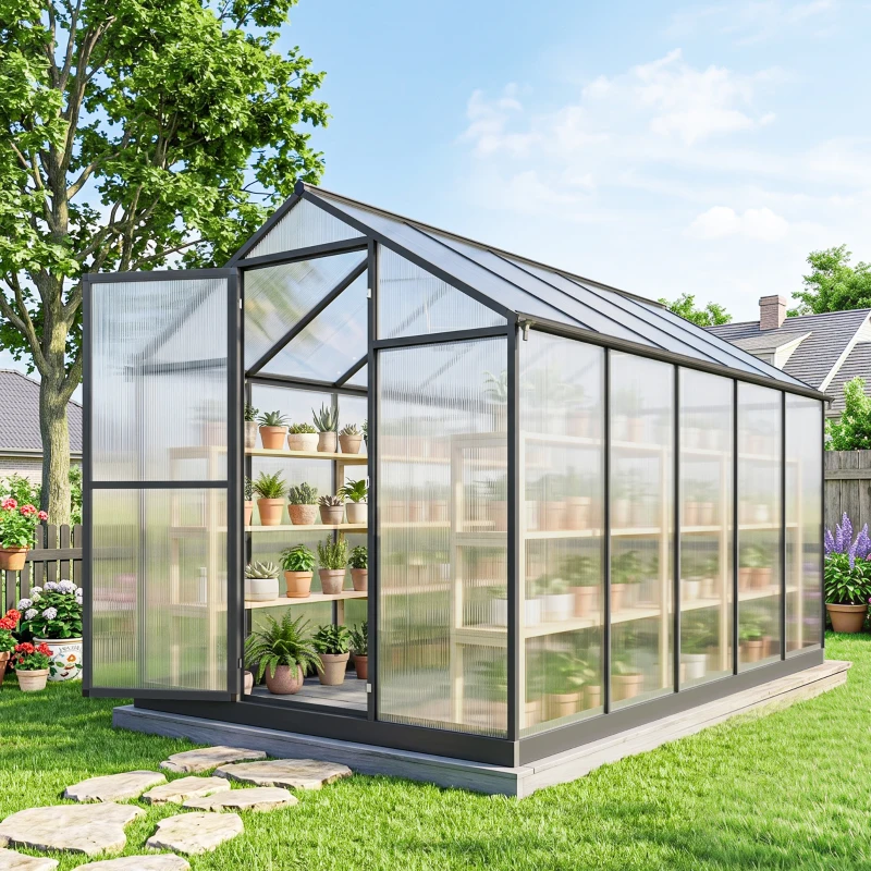 Outsunny Polycarbonate Greenhouse, Aluminum Walk-In Green House Kit Garden, 6' x 10' x 6.4', Charcoal Grey