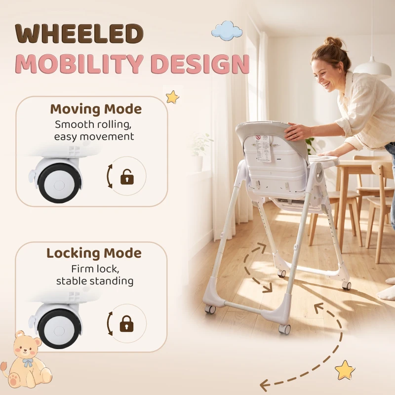 Qaba High Chair with Wheels, Double Tray, Foldable Baby Seat with Adjustable Seat Height, Backrest, Footrest and Tray, Grey