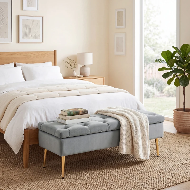 HOMCOM Upholstered Bedroom Bench with Gold Tone Metal Legs, Velvet Tufted and Thick Padding, Grey